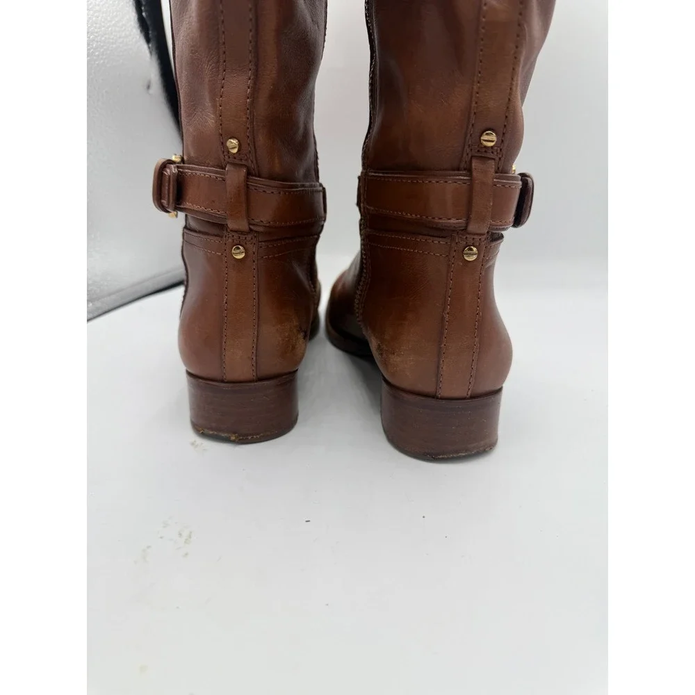 Tory Burch Riding‎ Boots Women's 6.5 Cognac Leather Tall Equestrian Logo Boots